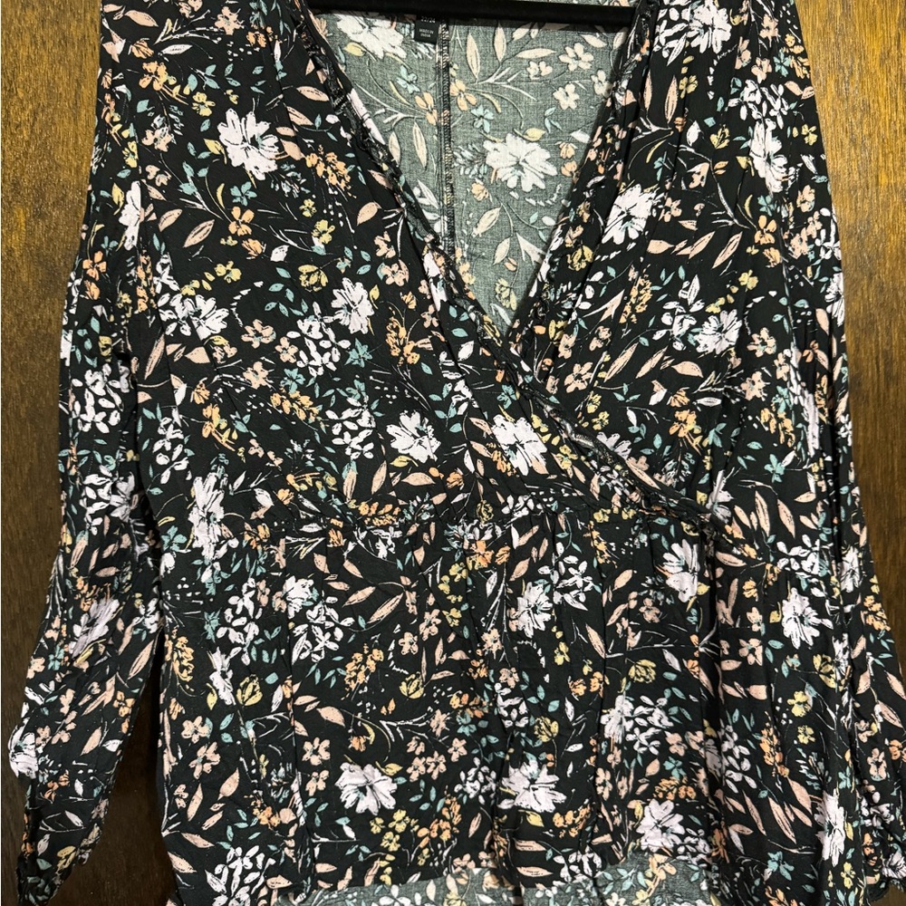 Lane Bryant Black Floral Wrap Blouse